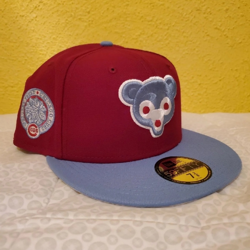 New Era 59Fifty Chicago Cubs Fitted Hat Size 7 3/8 "Cardinal Sky" Side Patch